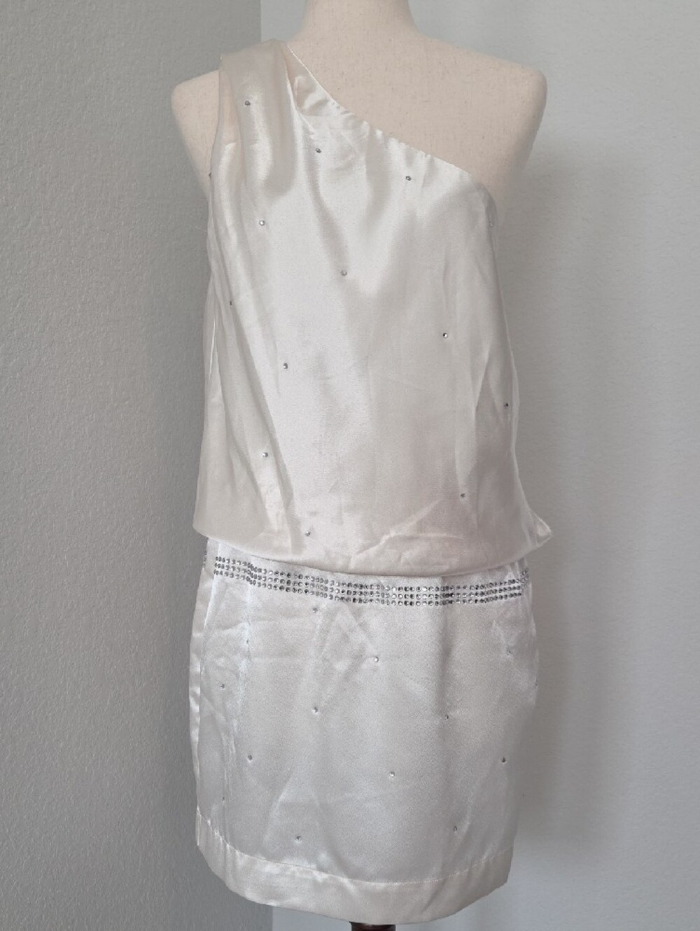 Allen B. By Allen Schwartz One-Shoulder Ivory Satin Dress Bling Sparkle Y2k